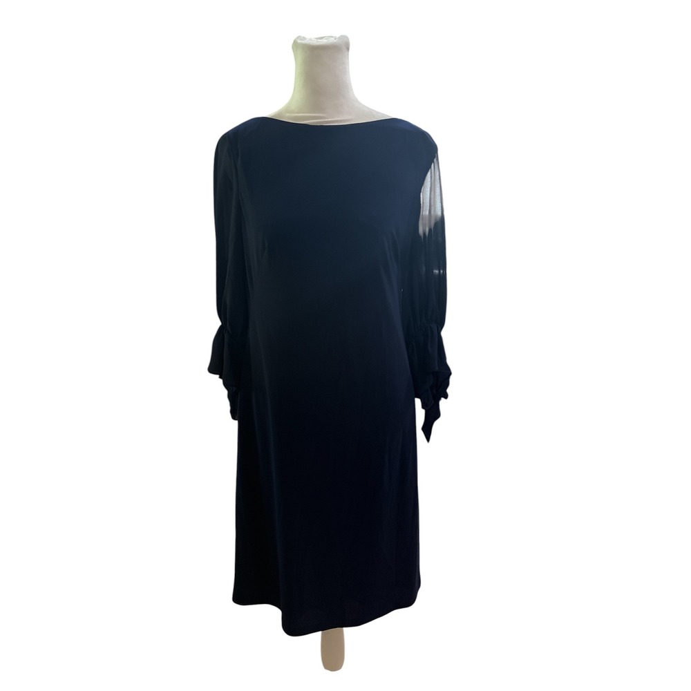 Lauren Ralph Lauren Navy Sheath Dress Sheer Ruffle Tier Sleeve 8 NEW